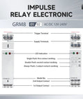 Impulse Latching Relay With Memory, 16A Pulse Control, Wide Range AC DC 12 Volt To 240 Volt, Easy DIN Rail Mount, front view