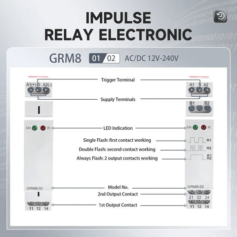 Impulse Latching Relay With Memory, 16A Pulse Control, Wide Range AC DC 12 Volt To 240 Volt, Easy DIN Rail Mount, front view
