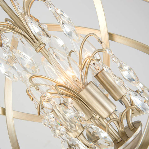 Close-up of Four Lights Crystal Cage Chandelier with Modern Globe Metal Pendant Lighting in champagne gold finish