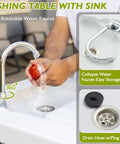 Person washing a tomato at a Folding Fish Cleaning Table With Portable Sink, Faucet, Drainage Hose And Sprayer, Camping Fillet Station.
