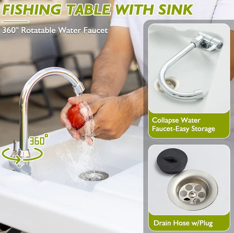 Person washing a tomato at a Folding Fish Cleaning Table With Portable Sink, Faucet, Drainage Hose And Sprayer, Camping Fillet Station.
