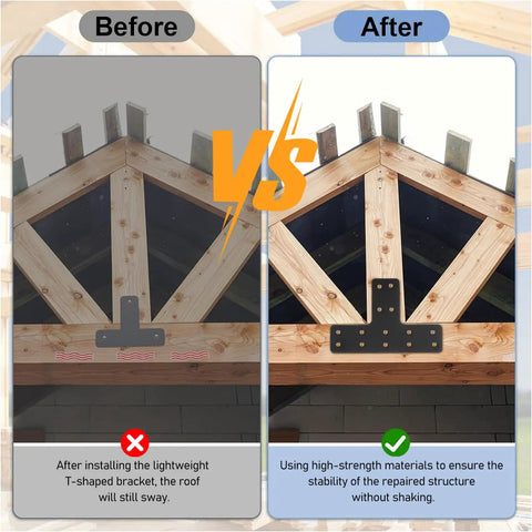 Before and after comparison of roof support using Heavy Duty T Post Brackets And Beam Connectors For Fence Repair Solid Black Carbon Steel.