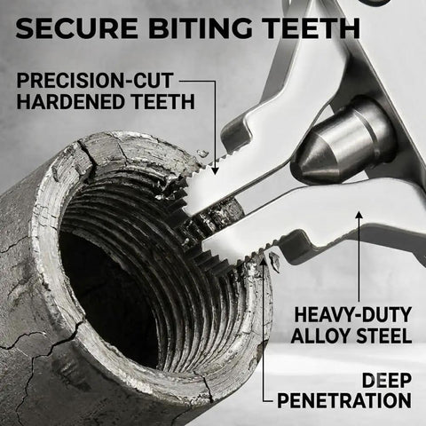 Heavy Duty Drill Powered Broken Pipe Thread Extractor Tool Set With Universal Compatibility For Plumbing Repairs To Spin Out Damaged Fittings Fast And Easy Saving You Plenty Of Time On Any Job. close-up alloy steel teeth removing broken pipe threads