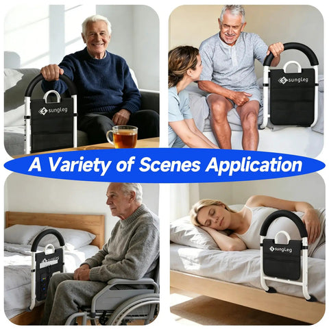 Adjustable Bed Rail With Non Slip Handle And Handy Storage Pocket For Seniors shown in different use cases at home