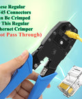 Hand crimping a regular RJ45 connector with ethernet crimper, yellow cable, transparent connector.