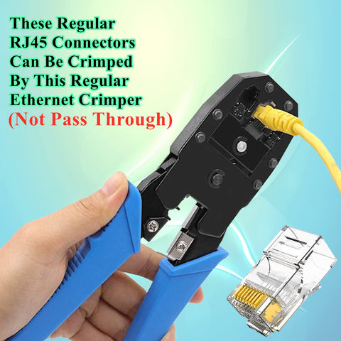 Hand crimping a regular RJ45 connector with ethernet crimper, yellow cable, transparent connector.