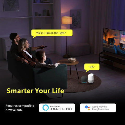 Family using Z Wave 800 Series Smart Plug With Built In Repeater And Range Extender with Alexa and Google Assistant in living room