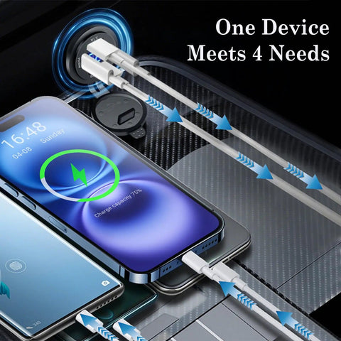 Hella Fast 66W 12V Car Charger With Four Ports Dual PD And Quick Charge 3.0 Digital Voltmeter for charging multiple devices.
