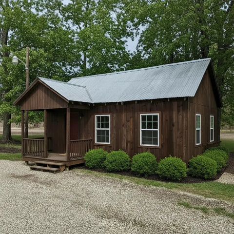 Ranchworn Aging Wood Stain Quick Turnaround Formula Dries In Half Hour on a wooden cabin with a metal roof, surrounded by greenery.