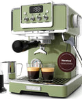 Front view of 58mm Professional Espresso Machine With 15 Bar Pump Visible Pressure Gauge Powerful Milk Frother Retro Green Finish