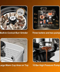 Top Shelf Semi Automatic Espresso Machine With Built In Grinder And Milk Frother, Dead Simple Setup On A Giant Touchscreen, 15 Bar Pressure, Pid Temperature Control, Chill Home Barista Vibes showcasing built-in burr grinder and pump details.