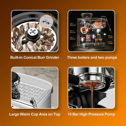 Top Shelf Semi Automatic Espresso Machine With Built In Grinder And Milk Frother, Dead Simple Setup On A Giant Touchscreen, 15 Bar Pressure, Pid Temperature Control, Chill Home Barista Vibes showcasing built-in burr grinder and pump details.