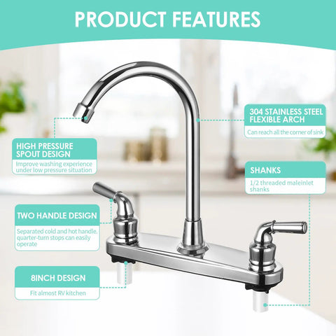 Heavy Duty Rv Kitchen Faucet With Chrome Finish And Abs Body Built Tough Offers Two Levers Plus Eight Inch Base, features flexible spout design.