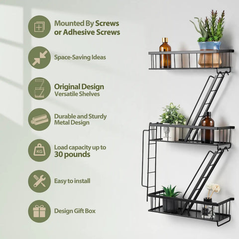 Built Tight Three Tier Fire Escape Wall Shelf In Matte Black For Bedroom Living Room Or Dorm Decor showcasing thickened steel edges.
