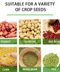 Garden Seeder Spreader With 10 Seed Plates showing peanut, soybean, red bean, corn, mung bean, and pea images.
