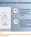 Image showing self-test function LED indicators on a Fifty Pack Built Tough Fifteen Amp GFCI Outlets, featuring status lights.