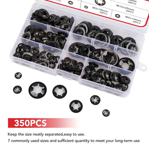 Grab N Go 350Pcs Internal Tooth Star Lock Washers And Push Nuts Kit In Black With M3 To M12 Sizes, 65Mn Steel Construction For Corrosion Resistance, A Handy DIY Auto And Machinery Workhorse For Any Job in a plastic organizer box with various compartments.