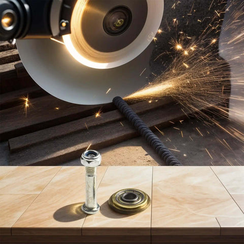 Angle grinder cutting metal with Manual Tile Cutter Replacement Rotary Bearing Wheels 22mm Metal Scoring Discs for tiles displayed below.