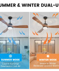 52 Inch Solid Wood Ceiling Fan With Lights And Remote in summer and winter modes showcasing airflow directions