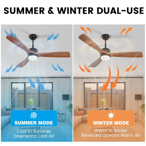 52 Inch Solid Wood Ceiling Fan With Lights And Remote in summer and winter modes showcasing airflow directions