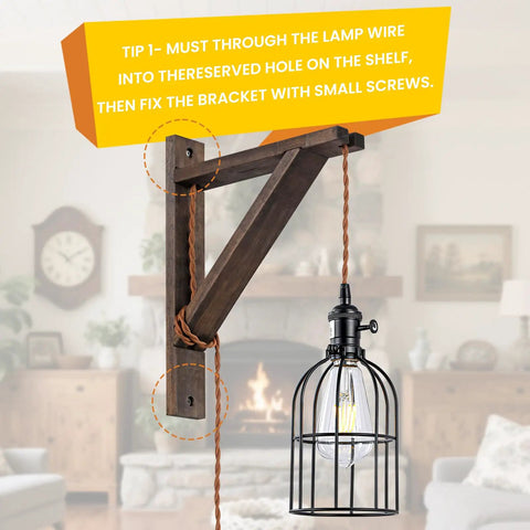 Rustic Wood Wall Mount Bracket Set Of 2 For Hanging Pendant Lights Planters And DIY Decor Natural Triangle Shelf With Adjustable Plug In Cord Kit Farmhouse And Industrial Home Decor