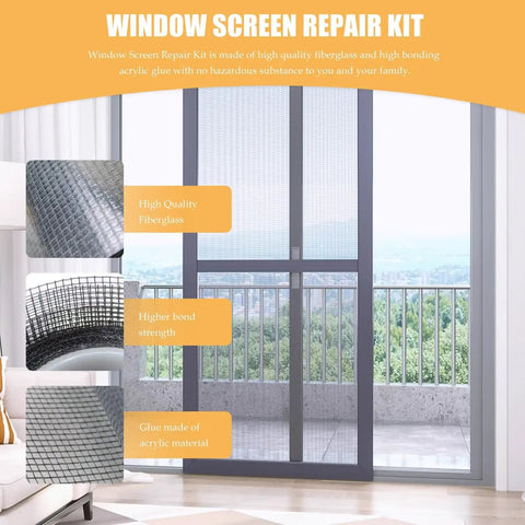 Window Screen Repair Kit 2 Inch By 16.5 Feet With 3 Layer Fiberglass Mesh Tape Adhesive For Tears And Holes In Window Screens And Screen Doors Residue Free Easy Fix 2 Pack installed on sliding door showcasing high-quality fiberglass and acrylic adhesive.