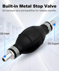 Slick Flexible Fuel Primer Bulb With Dual Check Valve, black rubber, with built-in metal stop valve for oil transfer.
