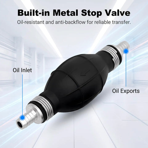 Slick Flexible Fuel Primer Bulb With Dual Check Valve, black rubber, with built-in metal stop valve for oil transfer.