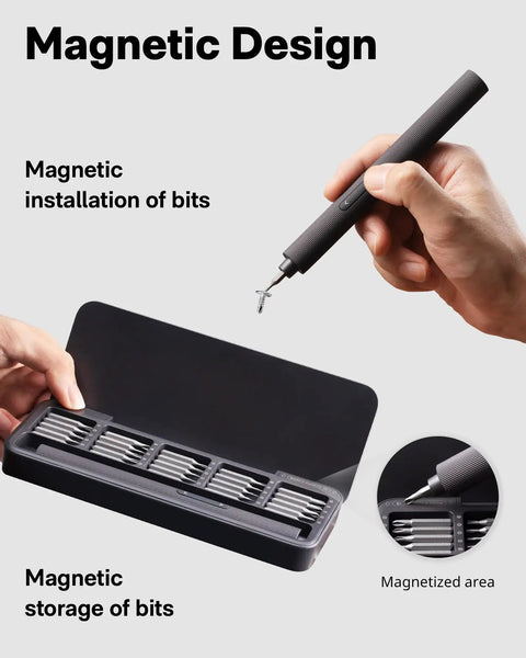 Ultra Portable Electric Precision Screwdriver Set With 49 S2 Steel Bits, Magnetic Storage, USB C Rechargeable, close-up view