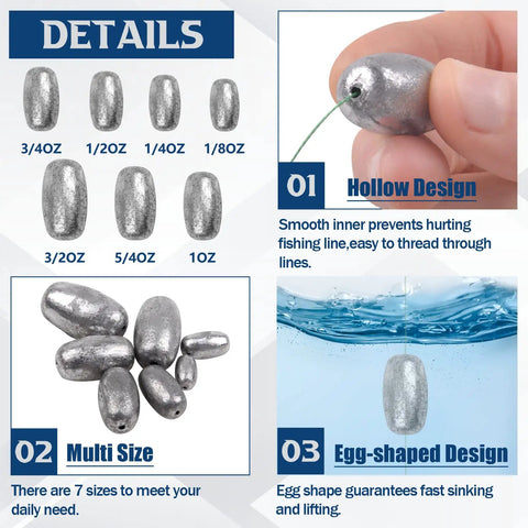 42 Piece Egg Sinker Fishing Weights Kit For Saltwater Bottom Fishing Rigs Carolina Rig Weights Set With Assorted Sizes From One Eighth Ounce To Two Ounces In Premium Electrolytic Metal And Durable Plastic Box