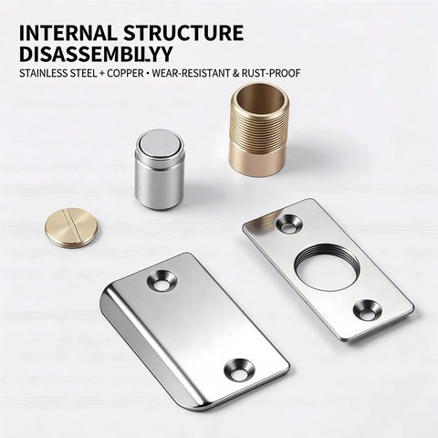 Adjustable Ball Magnetic Door Catch with stainless steel and brass components, top mount latch hardware, disassembled view