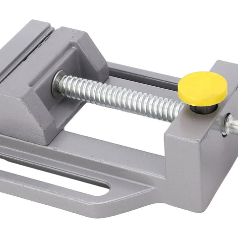 Drill Press Vise Aluminum Alloy Mini Bench Clamp For Precision Drilling Engraving And Polishing, gray metal with yellow knob