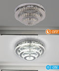 3 Tier Crystal Chandelier LED Flush Mount Ceiling Light 13.8 Inch Round Fixture showing off and on modes in bedroom