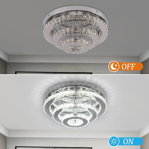 3 Tier Crystal Chandelier LED Flush Mount Ceiling Light 13.8 Inch Round Fixture showing off and on modes in bedroom
