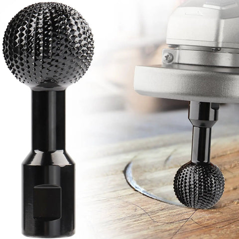 360 Degree Sphere Rotary Burr for Angle Grinders in use for wood carving, made of heavy duty 45# steel with abrasive teeth.