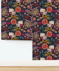 Custom Printed Blue Floral Wallpaper Matte Linen Texture PVC-Free Type II Heavy Duty Pro Grade Wall Covering in vibrant floral design.