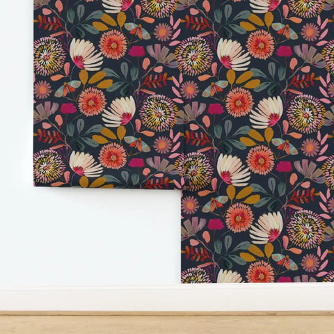 Custom Printed Blue Floral Wallpaper Matte Linen Texture PVC-Free Type II Heavy Duty Pro Grade Wall Covering in vibrant floral design.