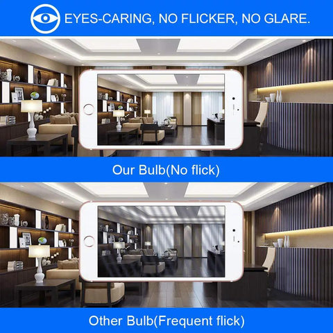 Comparison of LED bulb showing Brighten Any Room With This 60W Equivalent A19 LED Light Bulb 8W 760 Lumens Daylight 5000K E26 Base Non Dimmable ETL Listed 4 Pack Energy Efficient Long Lasting Instant On Great For Home Use In Any Ceiling Fixture And Modern Living Space without flicker and other bulb with flicker in a stylish living room