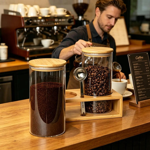Two 49oz Airtight Glass Coffee Canisters With Bamboo Shelf, Stainless Spoon And Anti Slip Pads for coffee beans and ground coffee