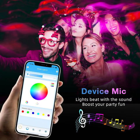 Party scene with people under 120ft Bluetooth LED Strip Lights With 5050 RGB Color Changing LEDs Music Sync Remote And App Control, phone showing app