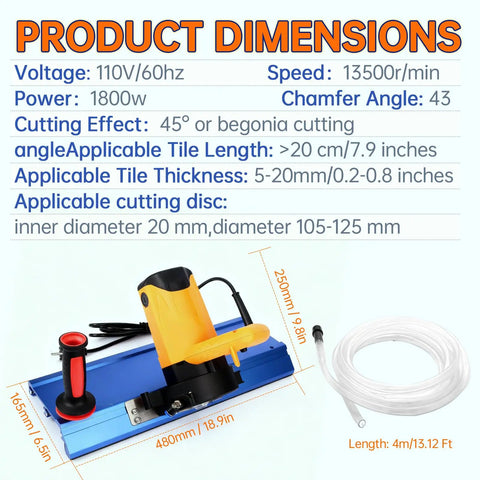 Bevel Edge Tile Tool With 16 Roller Base, 43 Degree Chamfer Machine showing product dimensions and specifications.
