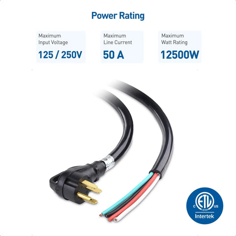 Replacement 50 Amp RV Power Cord With Four Prong, 25 Ft, 6/8 AWG Pigtail showcasing plug and wires with power rating details