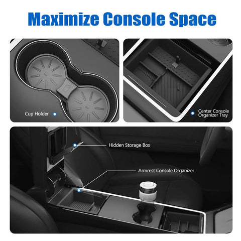 Double Layer Center Console Organizer For Tesla Model Y 2025 2026 And Model 3 2024 2026, Silicone Inner Tray With Smooth Sliding