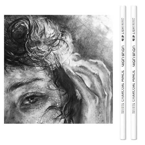 Two White Sketch Charcoal Pencils Set High Quality Wooden Charcoal Pencils For Artists Great For Drawing Sketching Blending On Dark Or Tinted Paper White Highlight Pencil Tools For Pro Quality Art next to a charcoal sketch of a face.