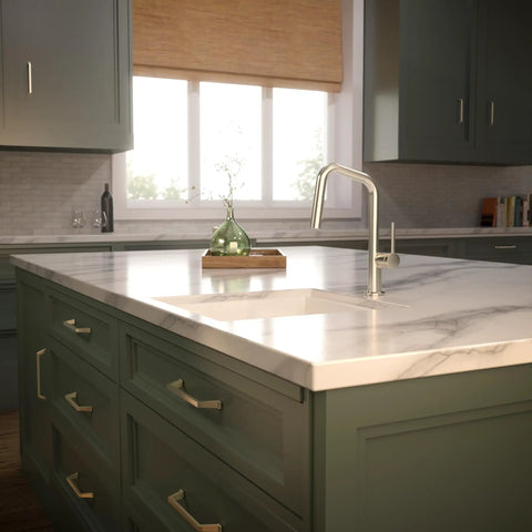 Modern kitchen featuring hansgrohe Talis N Pull Down Kitchen Faucet, 1-Handle, Polished Nickel, on marble countertop.