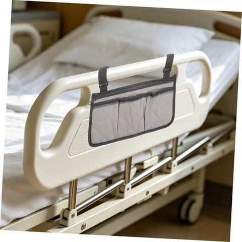 Safety Bed Rail Organizer With Four Pockets And Large Capacity Strap Bag For Nursing Care Beds attached to hospital bed rail.