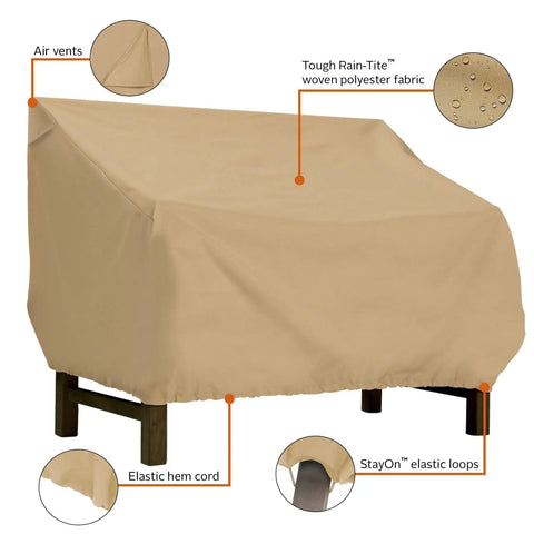 Terrazzo Water-Resistant 58 Inch Patio Bench Cover For Outdoor Loveseat Fits 58W By 32.5D By 31H All Weather Protection With Rain-Tite Fabric Built To Handle Rain, Snow And Sun No-Fuss Weatherproof Bench Cover on a patio loveseat