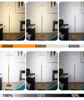 Modern Brass Spiral Floor Lamp With Remote Control, 63 Inch Tall LED 28W, 3 Color Temperatures, Stepless Dimming shown in room settings