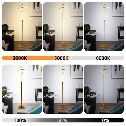 Modern Brass Spiral Floor Lamp With Remote Control, 63 Inch Tall LED 28W, 3 Color Temperatures, Stepless Dimming shown in room settings