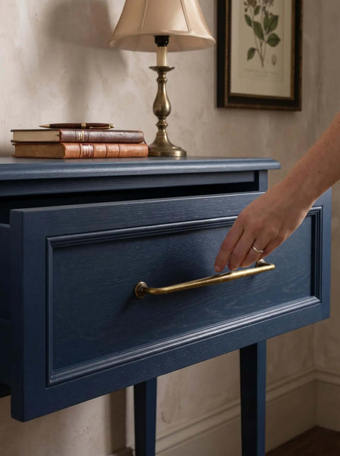 Hand reaching for a drawer with Antique Brass Cabinet Pulls 12 5/8 Inch Hole Centers Six Pack Zinc Alloy Vintage Drawer Spindle Handles